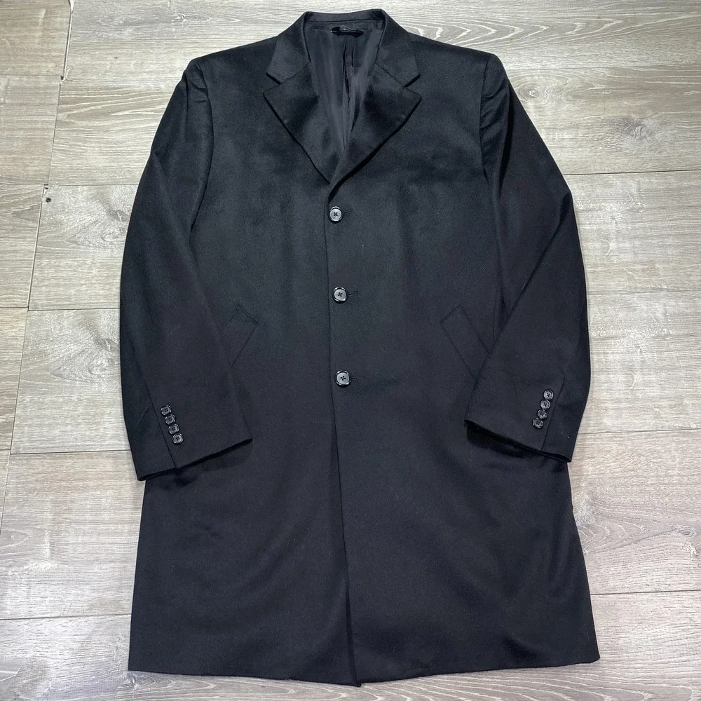 Jos A Bank Cashmere Topcoat Men 44L Black‎ 3 Button Tailored Traveler's Overcoat